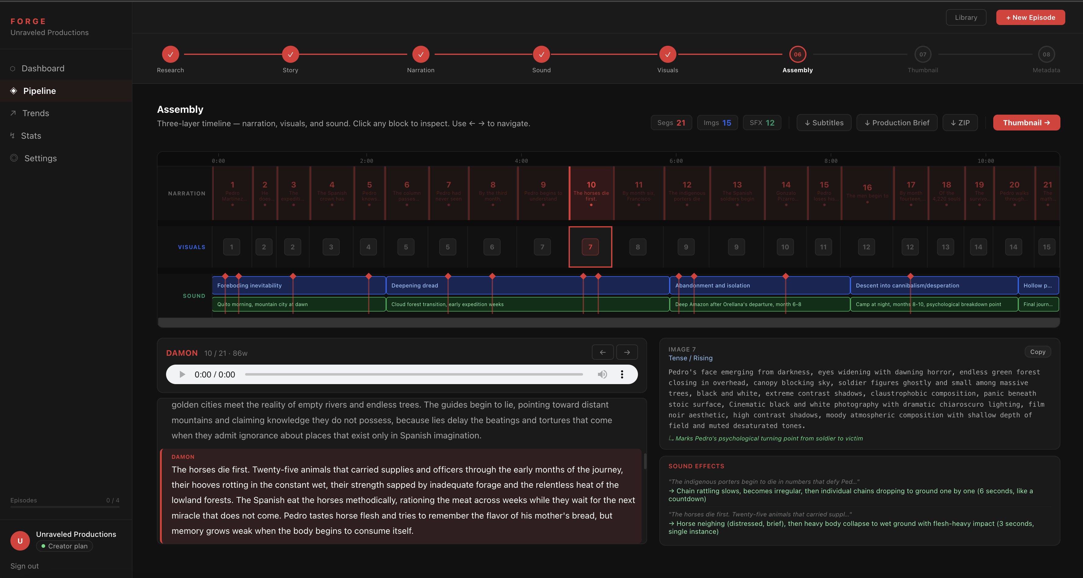 Forge assembly view showing narration, visuals, and sound layered on a three-track timeline